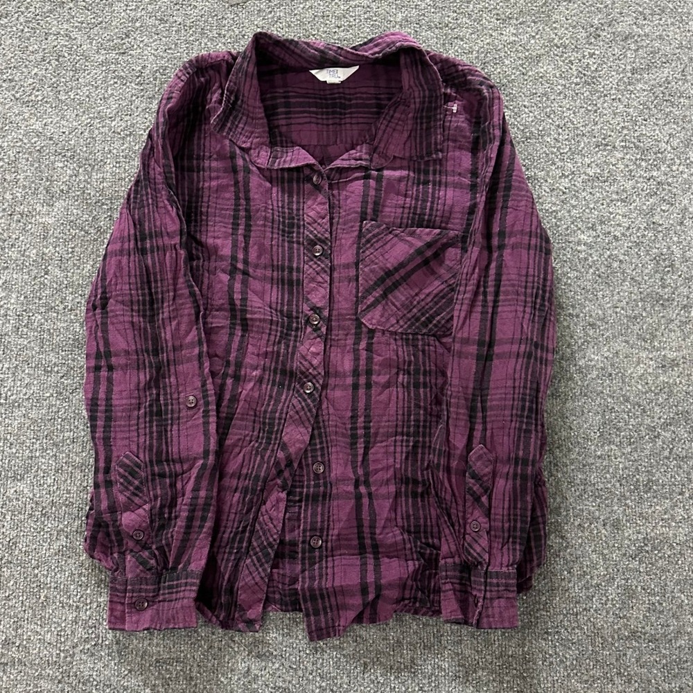 Time and Tru Button Down Womens Size L Purple Black Plaid Gauze Roll Tab Sleeve